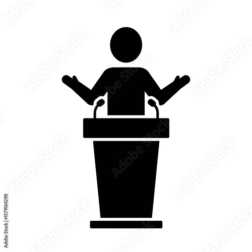 Public Speaker Silhouetted: A simple and elegant silhouette captures a public speaker at a lectern, ready to address an audience, embodying the essence of communication and presentation.