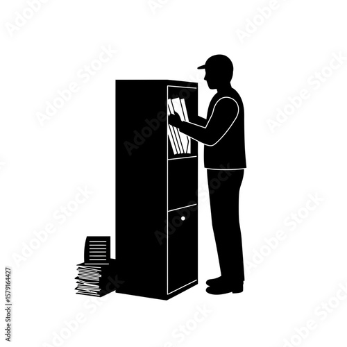 Archival Silhouette: A monochrome silhouette captures a person diligently organizing documents within a vertical cabinet, emphasizing order and attention to detail.