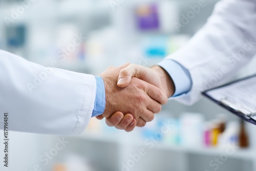 Handshake between healthcare professionals in a pharmacy setting