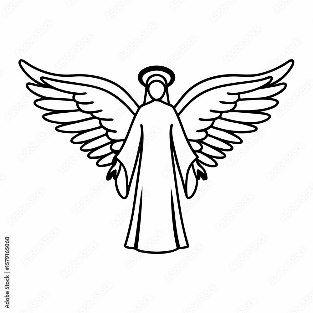 Minimalist line art angel with halo and wings on white background vector Minimalist line art angel with halo and wings on white background vector