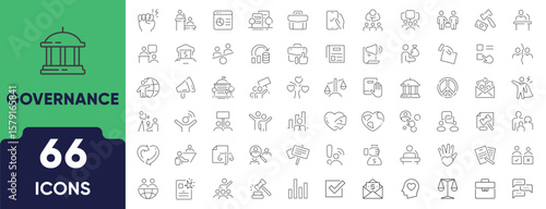 Governance Line Icon Set. Set of 66 outline icons including government, policy, leadership, regulation, compliance, administration, and management. Editable stroke. Linear vector illustration.