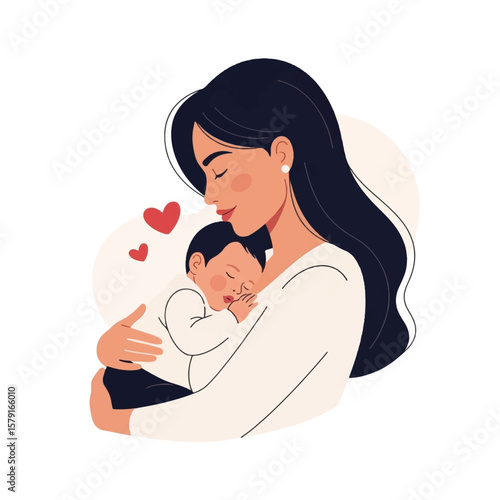 A loving mother tenderly cradles her sleeping newborn infant, showcasing a peaceful and intimate moment of maternal affection.