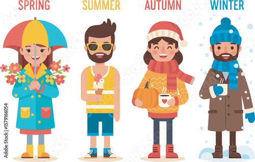 Four stylized characters representing the four seasons, each dressed and accessorized appropriately for spring, summer, autumn, and winter.