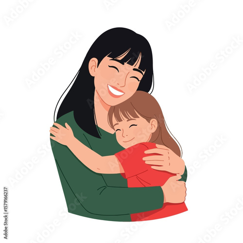 A mother and daughter share a warm, loving embrace, smiling happily together.