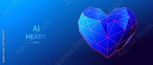 Wireframe AI heart in low poly style. Ai futuristic love technology background. Vector happy valentine's day banner.