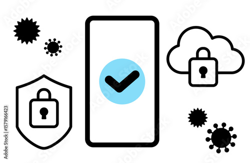スマートフォンのセキュリティに関するアイコンを描いたシンプルな線画ベクターイラスト