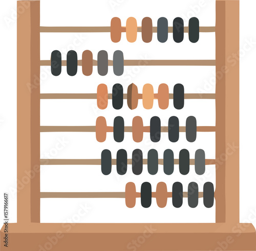 Wooden abacus with colorful beads, showing various calculations.