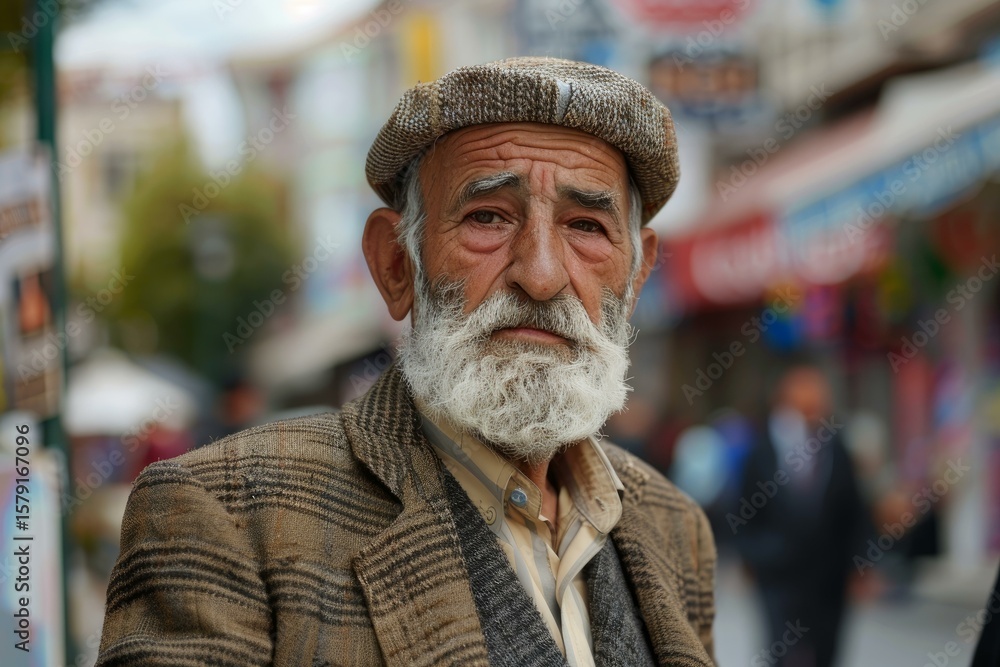 Elderly kurdish man wearing traditional flat cap and clothing poses in a city setting Elderly kurdish man wearing traditional flat cap and clothing poses in a city setting