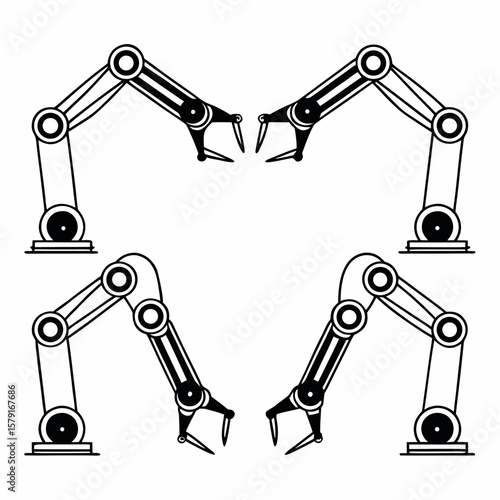 Four black robotic arms with claws on a white background industrial technology
