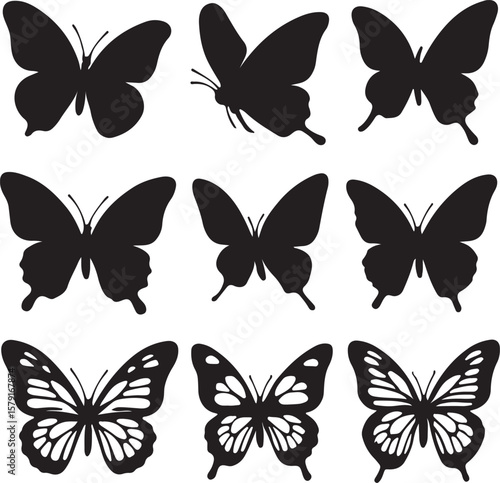 A collection of nine distinct black butterfly silhouettes in various poses and styles