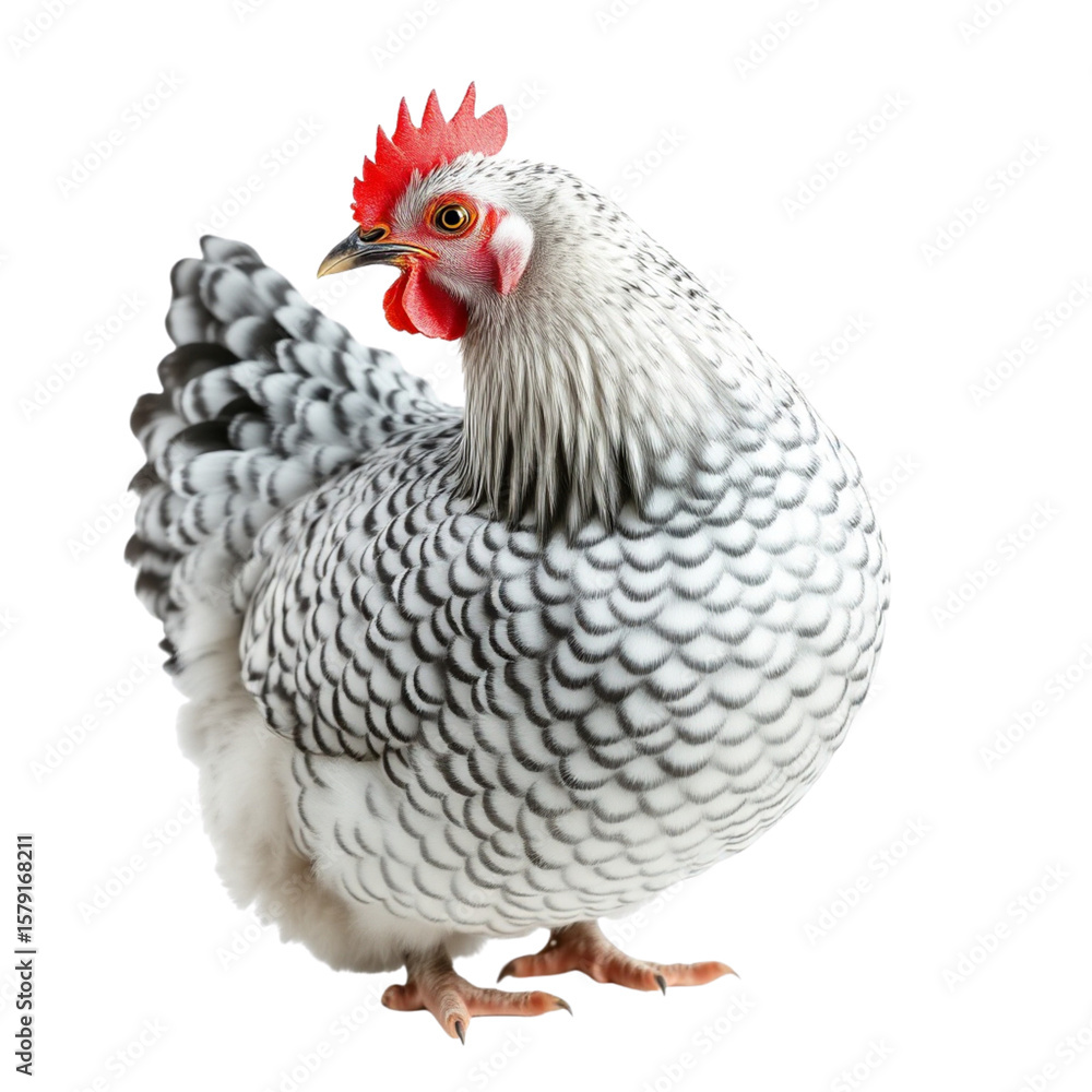 Fototapeta premium A Silver Laced Wyandotte hen, with its beautiful black-edged white feathers creating a lace-like pattern, isolated on a white background, 1:1 aspect ratio, detailed pattern. - 1
