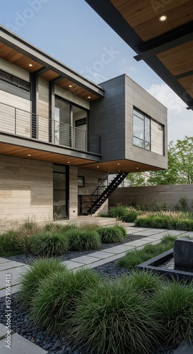 Wallpaper Mural Modern house with a cantilevered section and a garden with ornamental grasses and stone pathways Torontodigital.ca