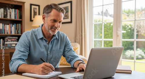 Wallpaper Mural Handsome mature man smiling while working from home on a laptop and writing notes in a bright office Torontodigital.ca