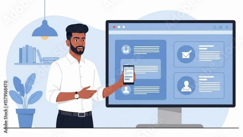 Businessman Demonstrating Mobile Application and Dashboard