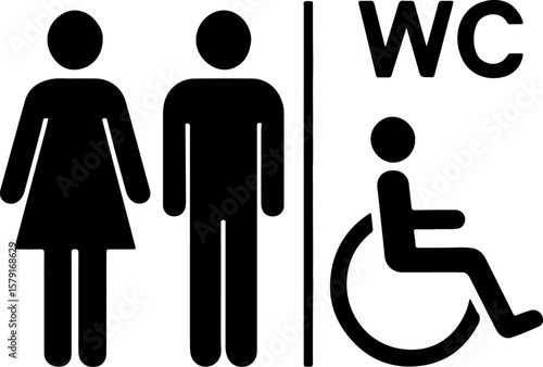 Restroom sign with male, female, and disabled accessibility symbols silhouette