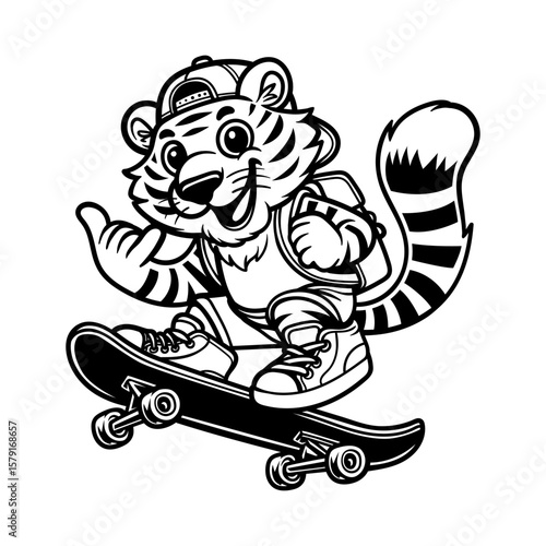 fun happy tiger student paying skateboard cartoon character cartoon isolated drawing line style sketch classic vintage design illustration