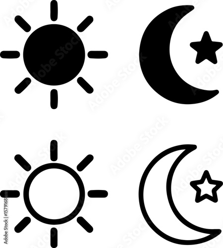 Two sun icons and two moon and star icons in silhouette style