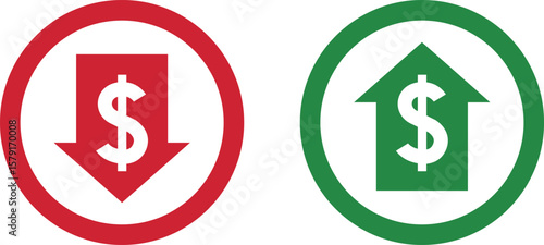 Money increase and decrease icons. Low or high total cost icon. Price, sale, rate or profit going up or down symbol with arrow and dollar sign. Vector illustration.
