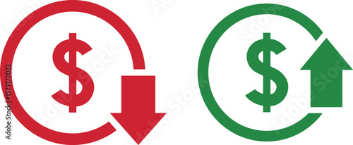 Money increase and decrease icons. Low or high total cost icon. Price, sale, rate or profit going up or down symbol with arrow and dollar sign. Vector illustration.