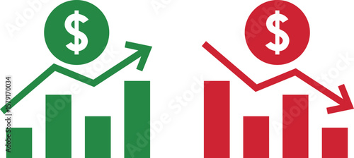 Money increase and decrease icons. Low or high total cost icon. Price, sale, rate or profit going up or down symbol with arrow and dollar sign. Vector illustration.