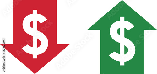 Money increase and decrease icons. Low or high total cost icon. Price, sale, rate or profit going up or down symbol with arrow and dollar sign. Vector illustration.