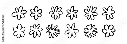 Hand drawn flower doodle collection with black outline in simple line art style. Floral vector illustration of blossom shapes and rustic sketch texture.