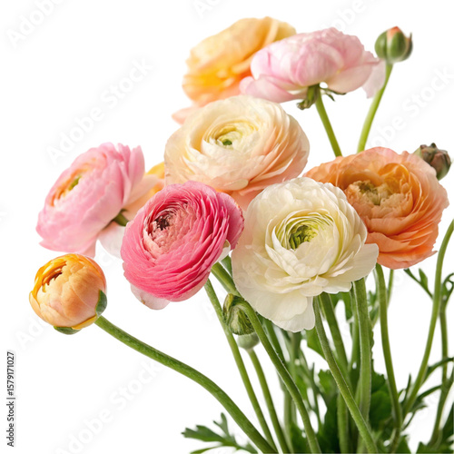 Closeup of a bouquet of ranunculus flowers isolated on transparent background  
