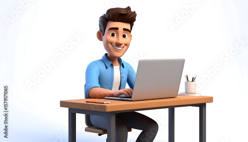 Cartoon man working on laptop