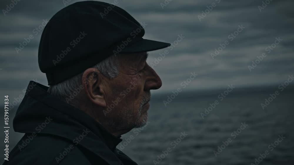 Pensive elderly seaman wearing a black hooded jacket and cap gazes at the horizon on a cloudy day, reflecting on the vastness of the sea and the solitude it brings Pensive elderly seaman wearing a black hooded jacket and cap gazes at the horizon on a cloudy day, reflecting on the vastness of the sea and the solitude it brings