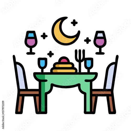 Elegant dining setup under the moonlight with chairs and wine glasses