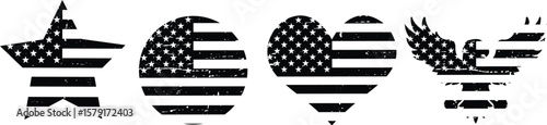 USA flag, American flag with different shapes like star, heart, eagle, round shape, United States of America flag art  vector illustration, black and white grunge dirty distressed cracked 