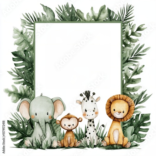 Fototapeta Naklejka Na Ścianę i Meble -  An illustration of jungle animals and plants surrounding a blank square for message