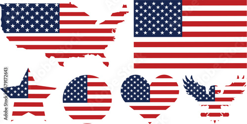 USA flag, USA map with flag mask, American flag with different shapes like star, love, eagle, round shape, United States of America flag art  vector illustration, colorful red and blue with white star