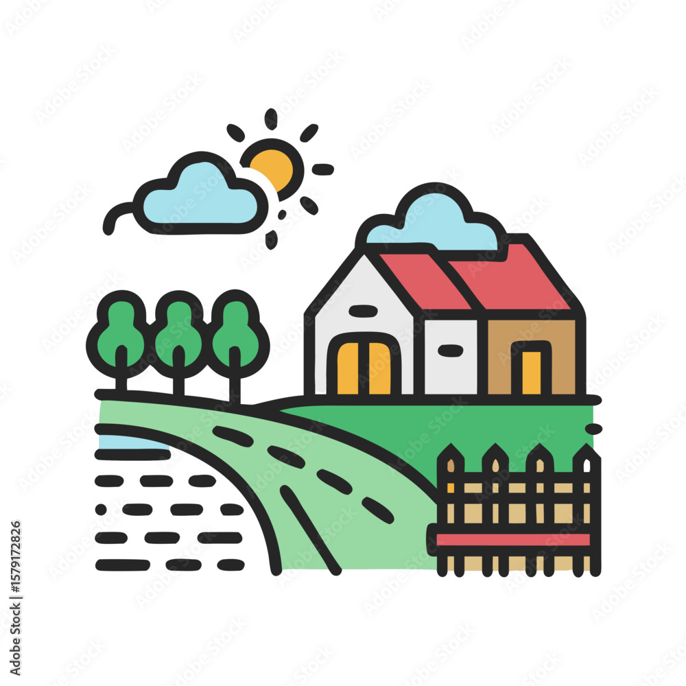 Obraz premium Stylized Rural Landscape with Farmhouse, Trees, Cloud, and Fence on a Hill