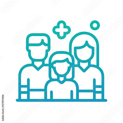 Stylized family icon featuring a father, mother, child, and supporting design elements