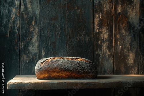 Wallpaper Mural A rustic loaf of sourdough bread, sprinkled with poppy seeds, sits on a weathered wooden table against a dark, aged wooden backdrop. Torontodigital.ca