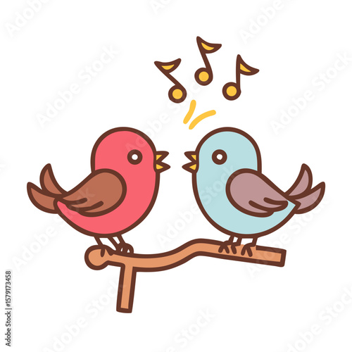 Two cute birds singing together sitting on a branch of a tree