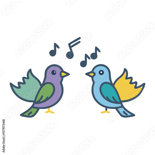 Colorful birds serenading each other with joyful musical notes in a simple illustration