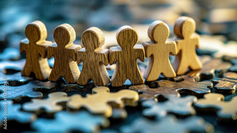 Obraz premium Wooden figures standing together on jigsaw puzzle pieces symbolizing unity, cooperation, and teamwork in a creative and artistic composition