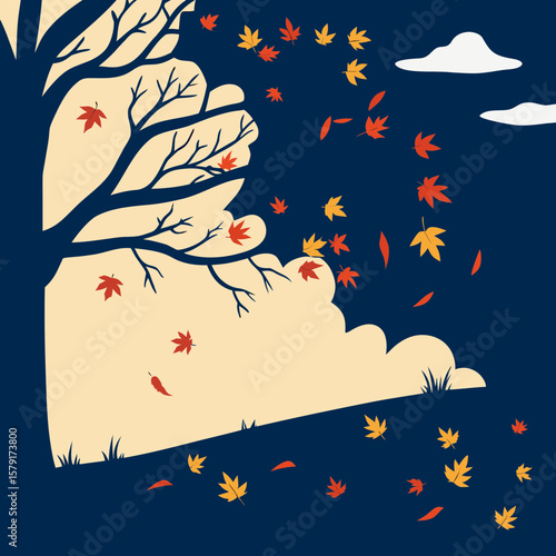 Autumn tree with falling leaves under a cloudy sky  