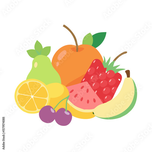 Vibrant Cartoon Fruit Medley Featuring Apple, Pear, Lemon, Cherries, and Berries