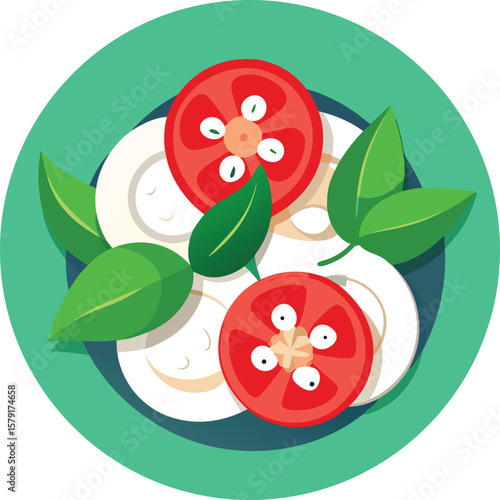 Delicious Caprese Salad on a Teal Plate: Fresh Mozzarella, Tomatoes, and Basil Leaves for a...