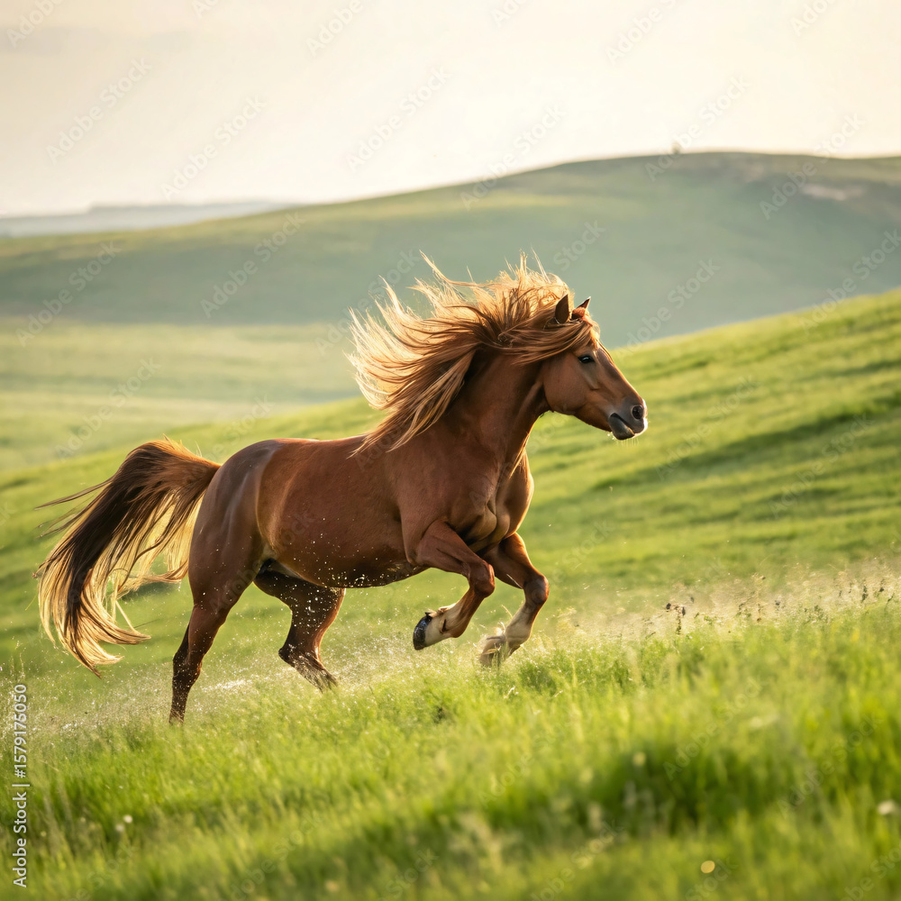 Fototapeta premium Chestnut Horse Galloping Across Rolling Green Hills | Free Wild Stallion Running Through Meadow Landscape at Sunset in Countryside Nature Scene