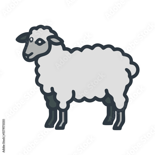 Stylized illustration of a sheep standing calmly in a simple design