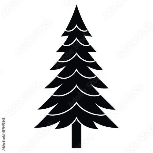 Stylized Black Silhouette of a Tall Coniferous Tree on White Background