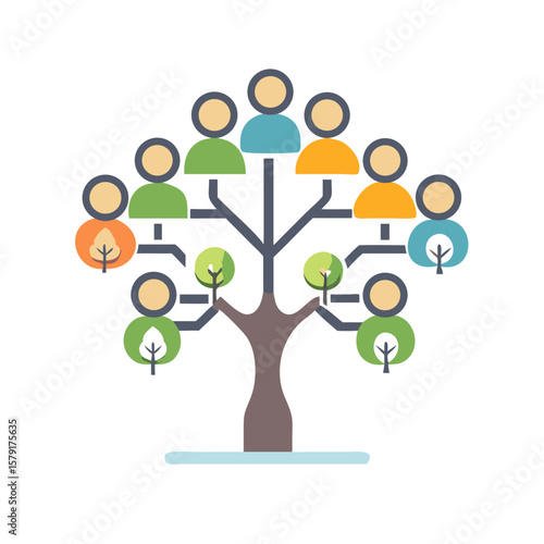 Family Tree Icon Represents Generations and Connections with Colorful Individuals