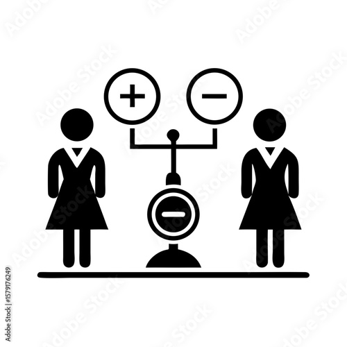 Women balancing equality symbols on a scale representing tolerance  