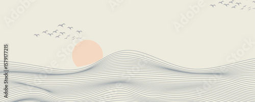 Vector abstract art landscape mountain with birds and sunrise sunset by blue line art texture isolated on white beige earth tone background. Minimal luxury style for wallpaper, wall art decoration.