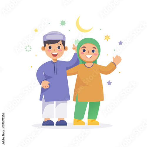 Happy Muslim Kids Celebrating Islamic Festival with Crescent Moon and Stars