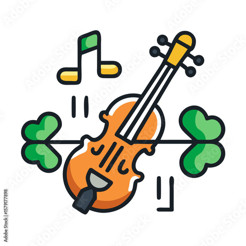 Musical violin instrument with shamrocks and musical notes around the violin